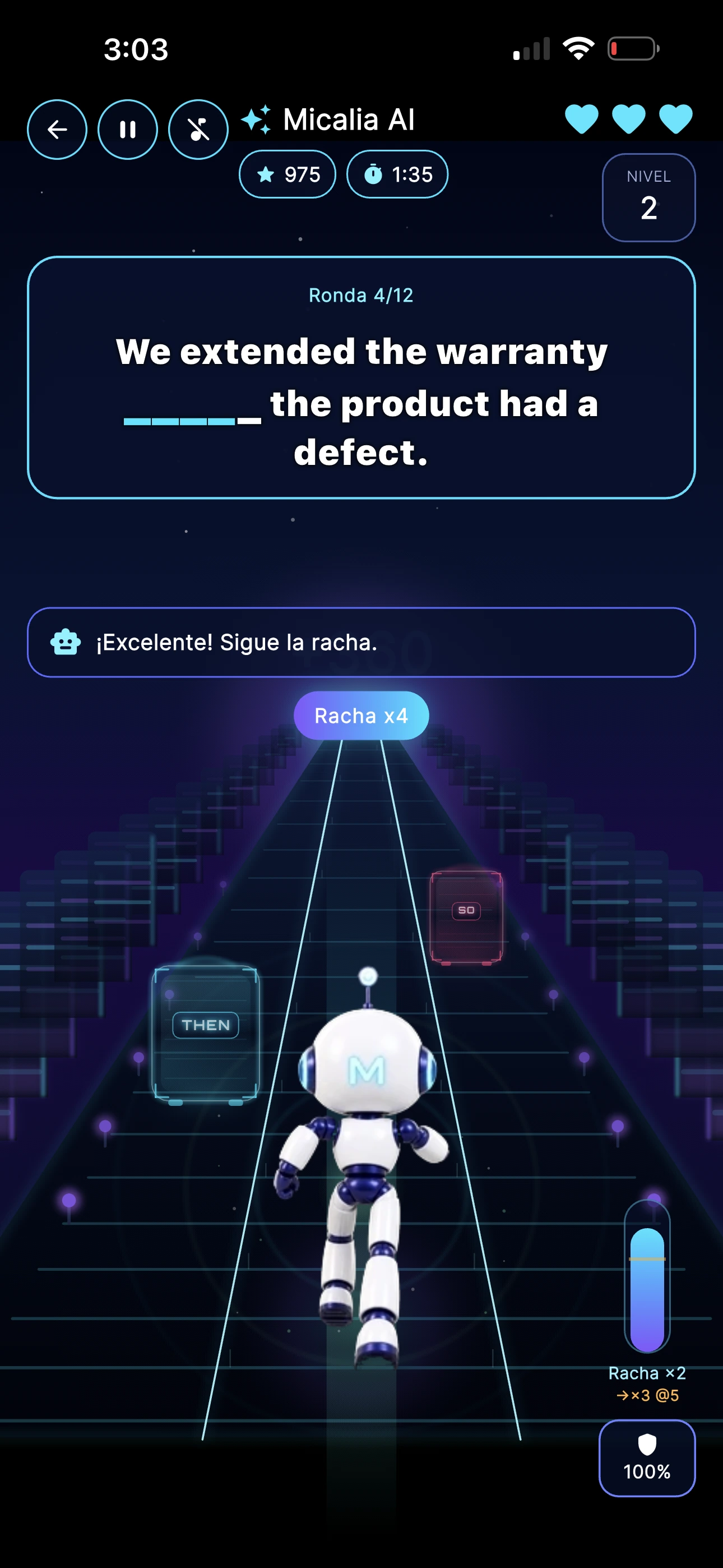 Pantalla de Phrase Runner en Micalia AI